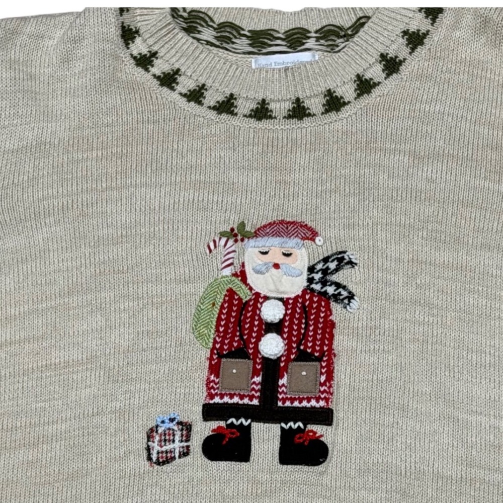 CJ Banks Women 3X Christmas Sweater Santa Hand Embroidered Beige Holiday Knit